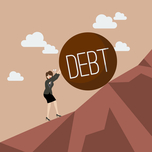 Business woman pushing heavy debt uphill. Business concept